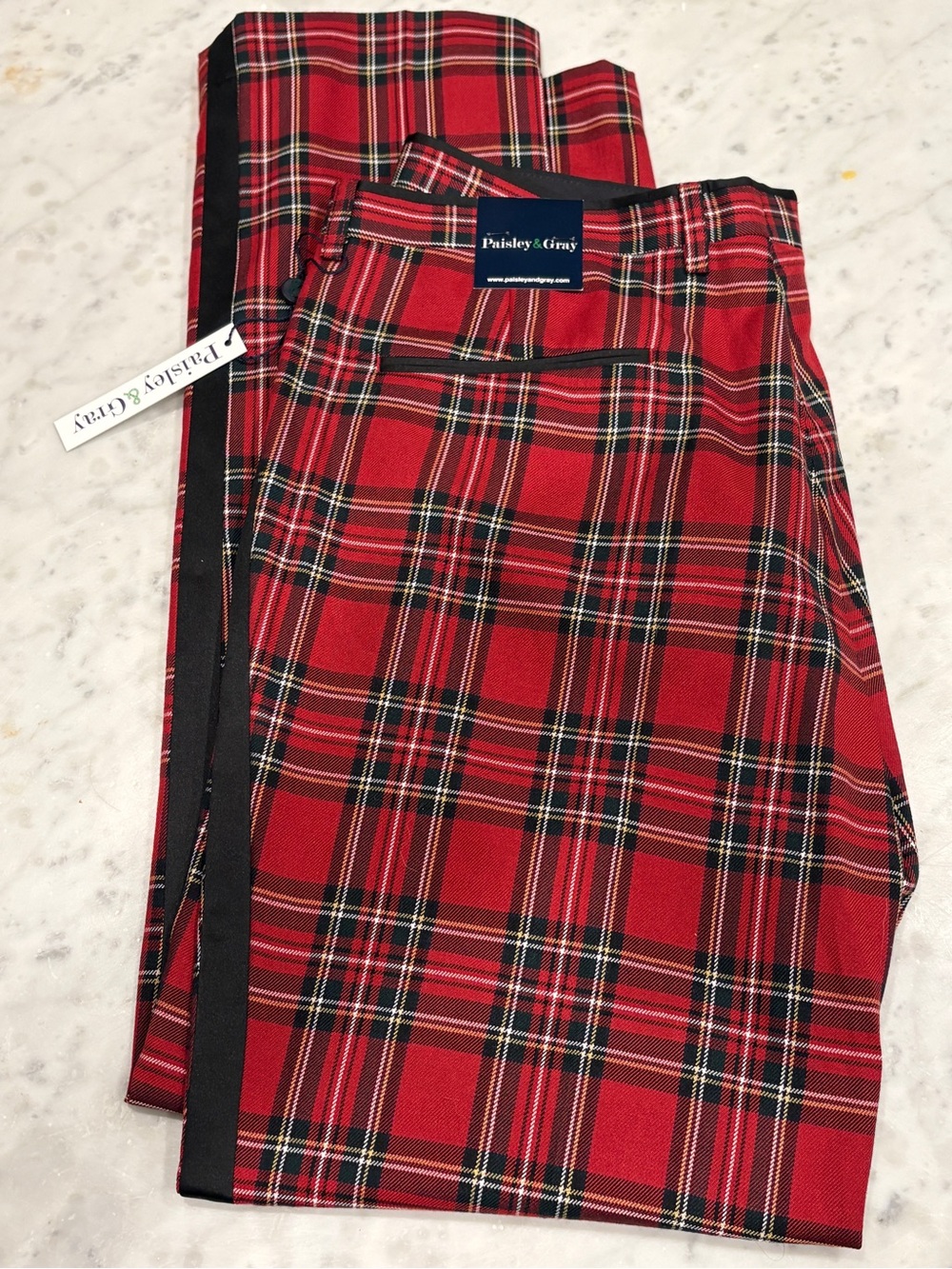 NWT Men’s Paisley & Gray Tuxedo Pants, Red Tartan, Slim Fit, 36x32 - Picture 3 of 7